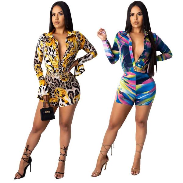 

2020 summer fashion open chest leopard print shirt women's pants jumpsuit, Black;white