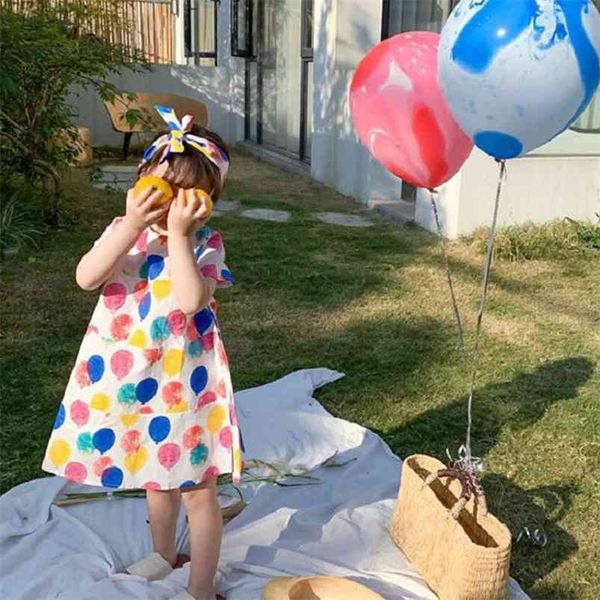 Meninas Vestido de Verão Balão Colorido Impresso de Manga Curta Princesa Vestido + Headband Moda Baby Kids Roupas Infantil 2-7Y 210625