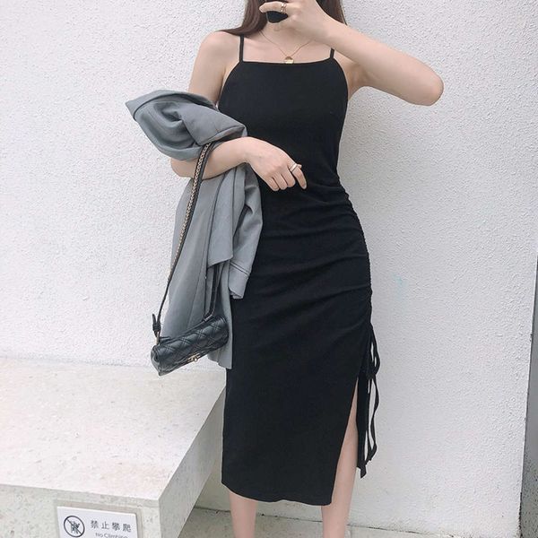 

20 korean autumn and winter new style temperament base women's high waist show thin solid color slim long sling dress, Gray