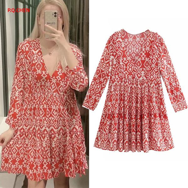 

casual dresses p.q.chen dress woman print mini red women long sleeve ruffle short summer 2021 ruched vintage, Black;gray