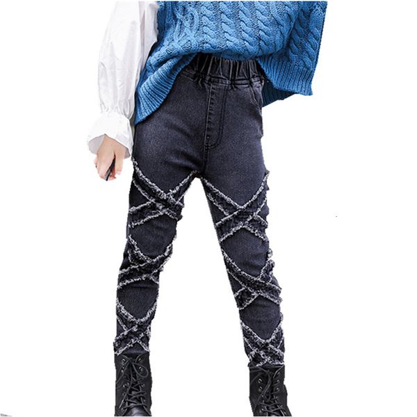 

2021 new fashion cross design pencil children stretch jeans casual spring fall denims brim pants for girls 4-13 years w3oz, Blue