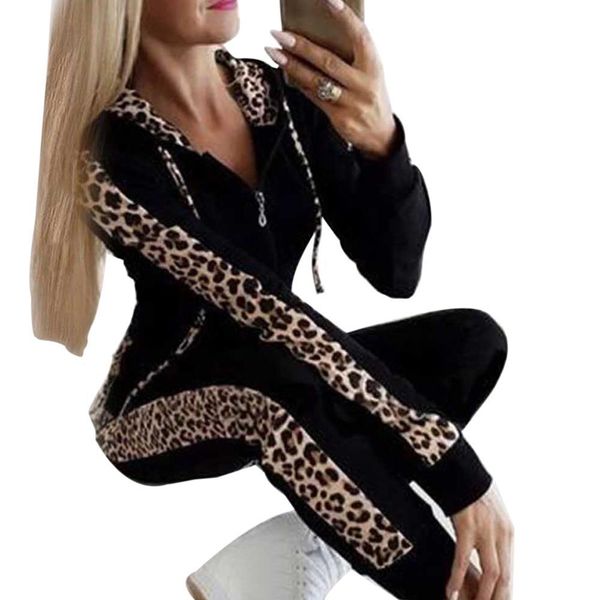 

autumn winter fashion tracksuit women splice fleece leopard print coat with hood two pieces set hoodies long pant suit, Gray
