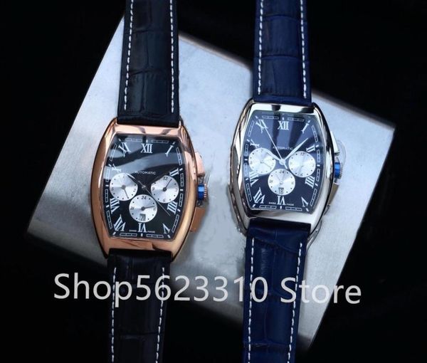 

wristwatches fashion multi-function chronograph watches automatic mechanical wine barrel watch full steel roman number calendar, Slivery;brown