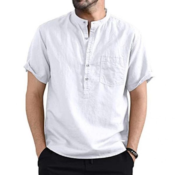 

men's casual shirts men baggy linen t-shirt stand collar short sleeve cloth solid color shirt for summer male breathable, White;black