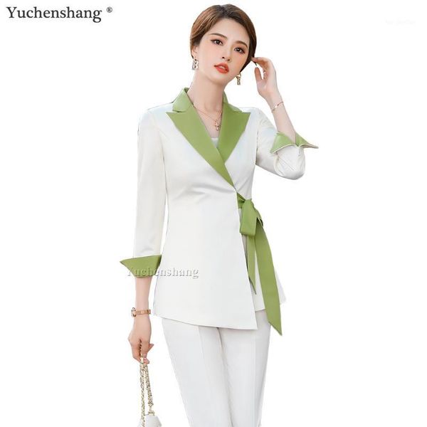 

women's two piece pants 2021 arrival fashion women ladies winter pant suit with bow belt black white s-5xl korean design business 2 set