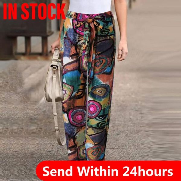 

2021 new pants women wide leg pants print bow sash high waist wide leg women cotton linen long trousers loose, Black;white