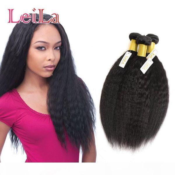 

peruvian 6inch to 30inch human hair wefts kinky straight bundles italian coarse yaki three pieces one lot double weft natural color, Black