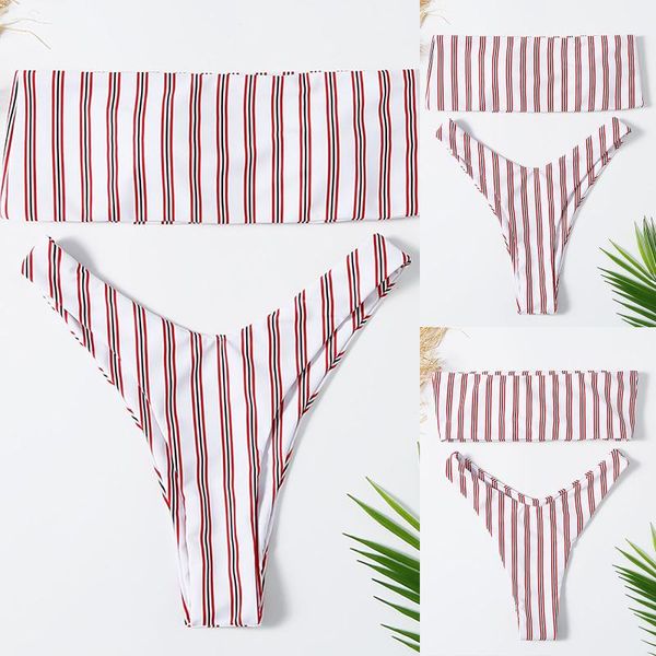 

one-piece suits women's high breast contrast gradient split bikini set two piece swimsuit red white striped bandeau moda praia