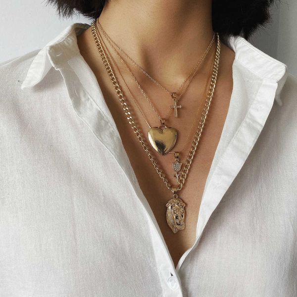 

jewelry personality overlay portrait relief women's multi-layer metal heart-shaped rose necklace, Silver