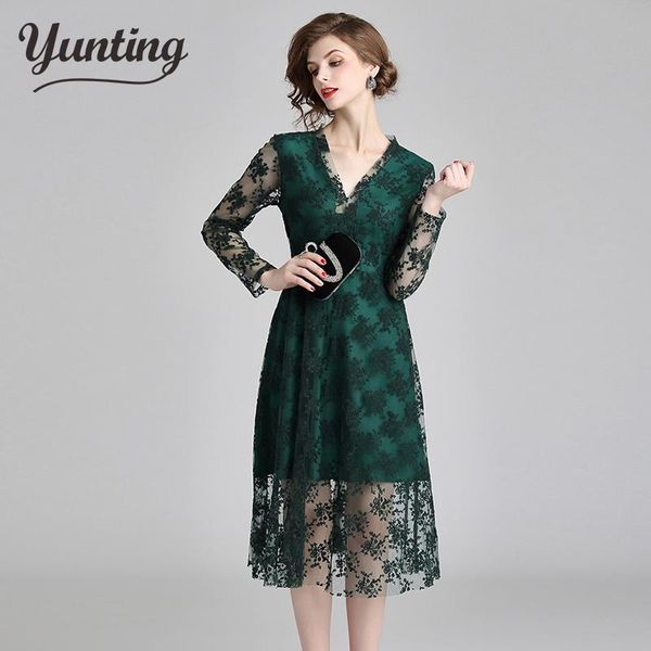 

casual dresses autumn runway women v-neck green embroidery patchwork dress party feminino tunic vestidos, Black;gray