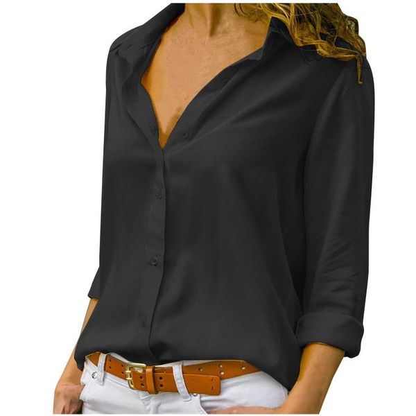 

women's blouses & shirts casual single-breasted blouse lapel solid color long-sleeved chiffon shirt plus size women clothing camisas de, White