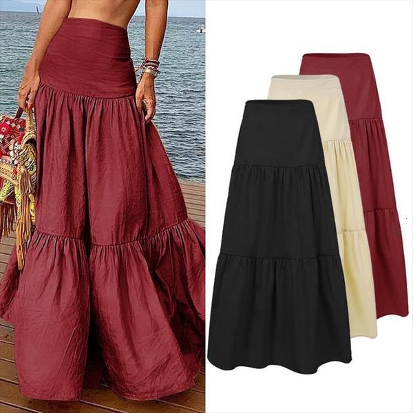 

casual ruffles vintage long womens skirts maxi cotton linen vestidos a line jupe femme streetwear, Black