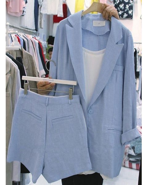 

two piece dress loose cotton and linen small suit jacket shorts fashion women style version two-piece, White