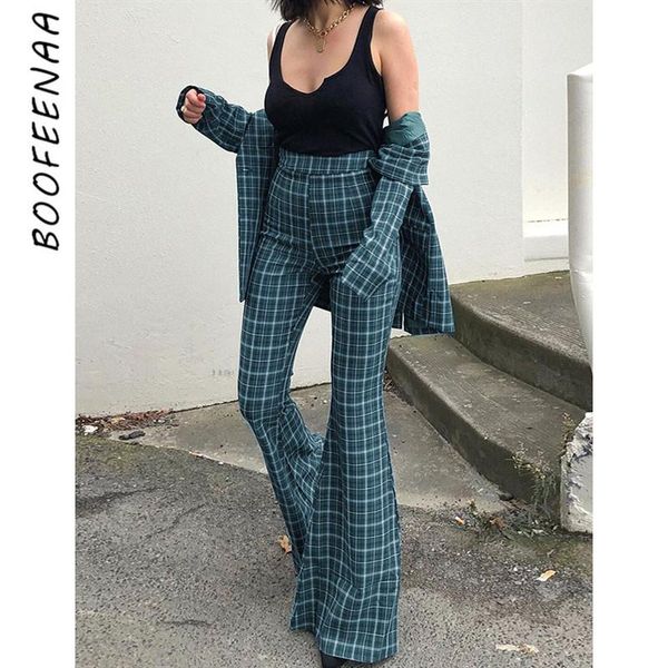 

women's pants & capris boofeenaa green plaid bell bottom womens bottoms 2021 autumn winter trousers vintage high waist flare c67-ac49, Black;white