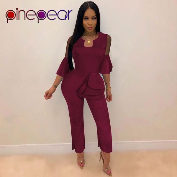 

women's jumpsuits & rompers pinepear mesh flare sleeve jumpsuit women ruffle elegant wide leg pants romper 2021 autumn winter fashion o, Black;white