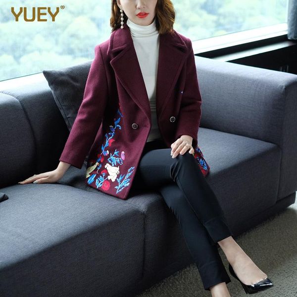 

women's wool & blends brand embroidery coat jacquard slim office lady mother for mom autumn clothes floral cloak plus size, Black