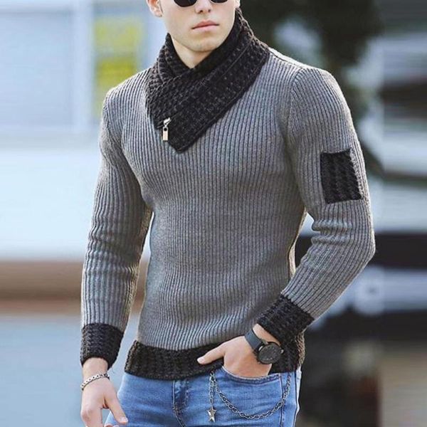 

men's sweaters 2021 long sleeve scarf collar color block sweater autumn and winter casual slim knit pullover harajuku 3xl, White;black