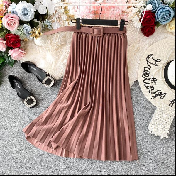 

women pink midi skirts belt high waist chiffon pleated long skirts for women daily office skirts saia femme jupe, Black