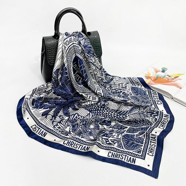 

scarves 2021 printed large silk women's satin square scarf 90cm handband, Blue;gray