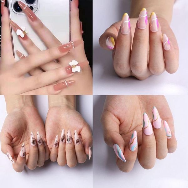 

false nails 24pcs/box almond full cover artificial manicure tool stiletto bow nail tips fake wearable, Red;gold