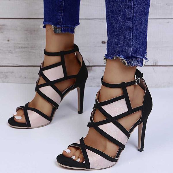 

sandals summer modern flock cross strap ankle-wrap high thin heel peep toe fashion elegant ladies shoes female whosale 02ju, Black