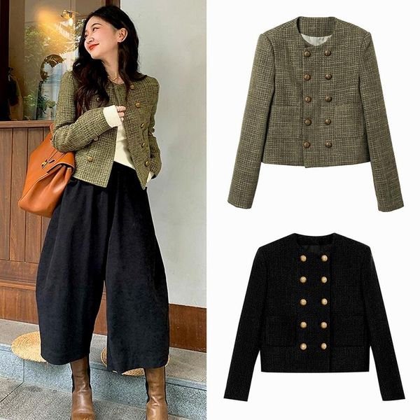 

women's jackets autumn tweed blend chic double-breasted short jacket coat korea fashion winter clothes sl574, Black;brown