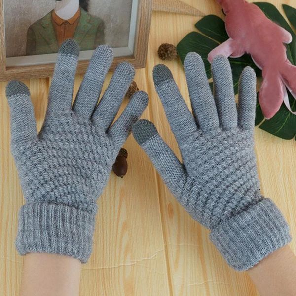 

five fingers gloves winter touchscreen women cashmere wool knitted warm thick mittens for mobile phone tablet pad solid color, Blue;gray