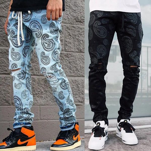 Jeans da uomo 2021 stile strappato streetwear moda pantaloni in denim con stampa jacquard pantaloni hip-hop larghi a matita casual
