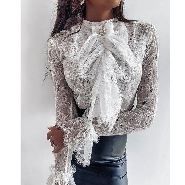 

blouse women 2021 women's white lace long sleeve shirt lady blouse bow knot pullover blusas roupa feminina