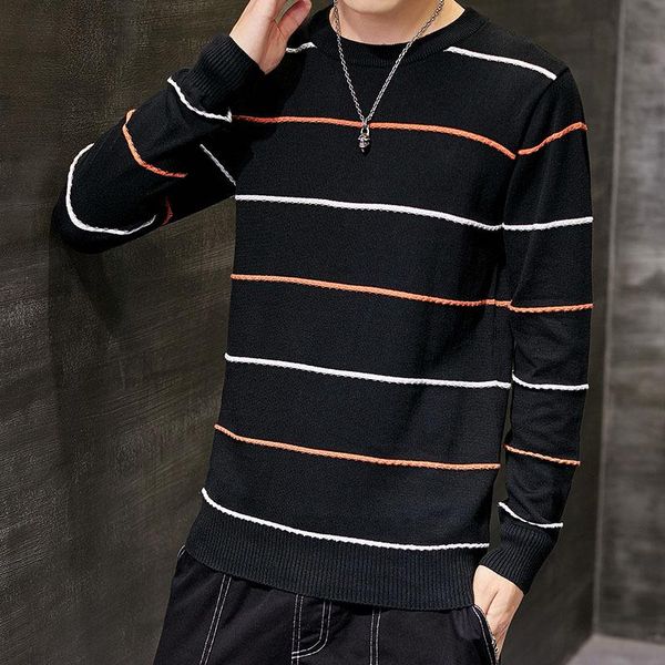 

2021 spring mens sweaters pullovers pullover casual men's sweater o-neck striped slim fit knittwear men pull homm l-3xl, White;black