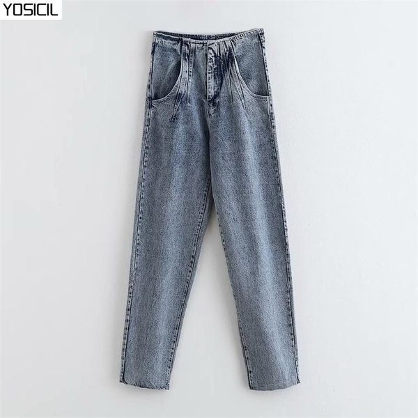 

women's jeans yosicil women high waist blue 2021 harajuku pleated long mom pants ladies casual pockets denim trousers streetwear