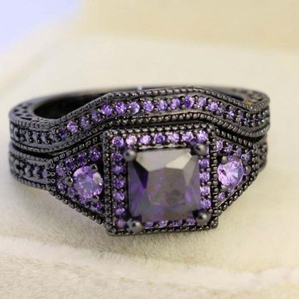 Fedi nuziali Gioielli di moda creativi Princess Cut Purple Zircon Stone Black Filled Ring Set Anniversario