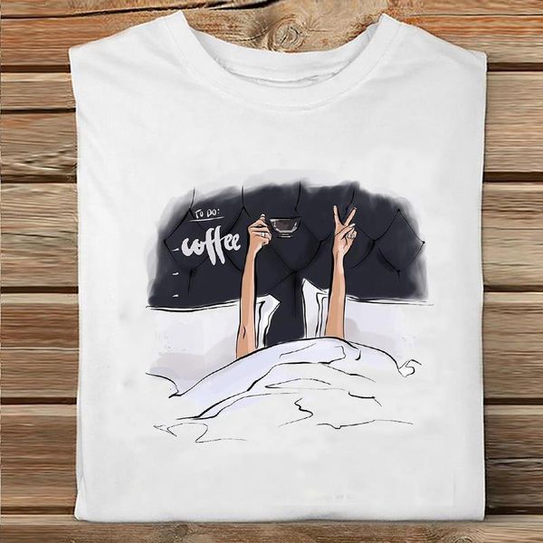 

women short sleeve watercolor coffee love cartoon spring printing clothes print tshirt female tee ladies graphic t-shirt, White