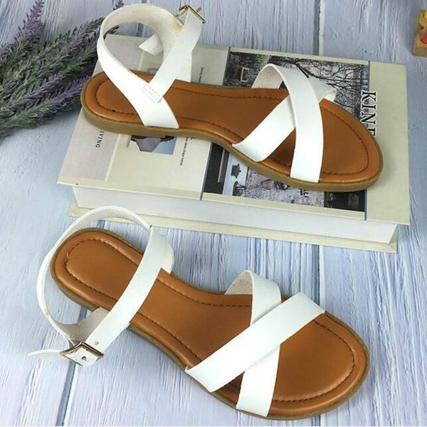 

flat with women sandals casual buckle solid ladies back strap summer shoes comfortable pu leather gladiator sandalias mujer, Black