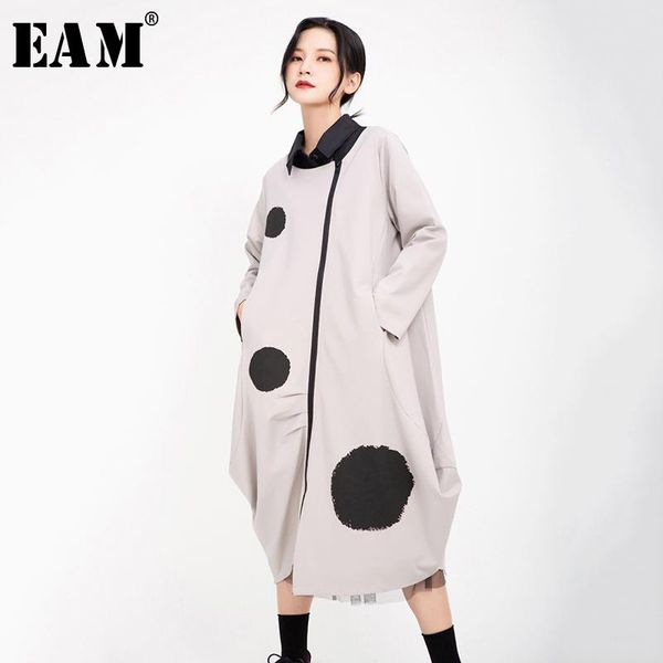 

casual dresses [eam] women dot printed irregular stitch long dress round neck sleeve loose fit fashion tide spring autumn 2021 1z187, Black;gray