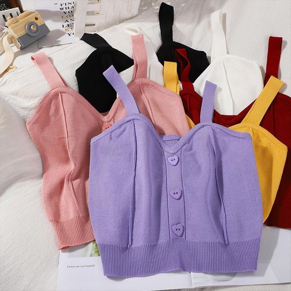 

summer knitting solid heart womens tanks buttons cropped camisole girls knitted sweet tee shirts camis crop for female, White