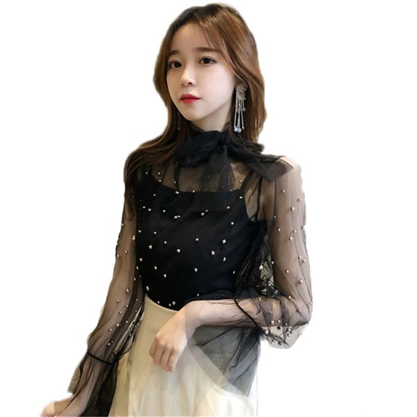 

2021 fall manga long extension transparent female blouses mesh work pearl bow shirts o115 cuq7, White;black