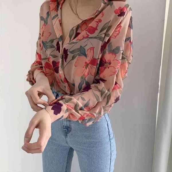 

turn down collar women blouses long sleeve leaf floral print chiffon office blouse womens clothing ropa mujer, White