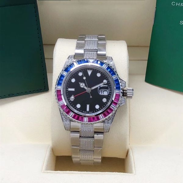 

luxury single circle rainbow diamond men's watch stainless steel strap full automatic date, Slivery;brown