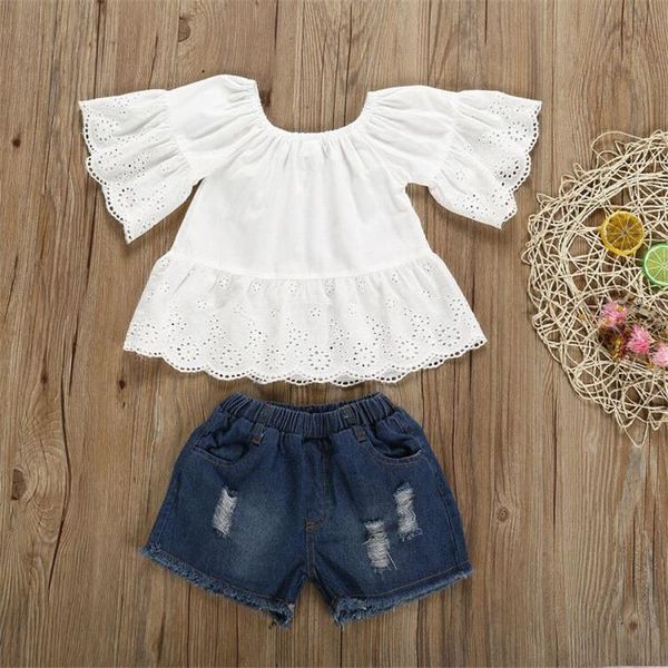 

baby girls summer clothes sets casual fashion flare sleeve shirt +ripped denim shorts elastic waist children outfits 2pcs, White