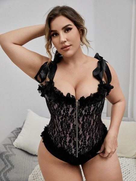

plus lace overlay zip front tie shoulder corset v8k5#, Black;white
