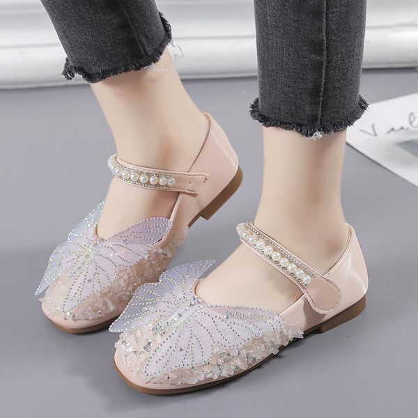 

flat shoes girl' butterfly pink string beads dress leather for kids size 21-30 toddler diamond white school children flats, Black;grey