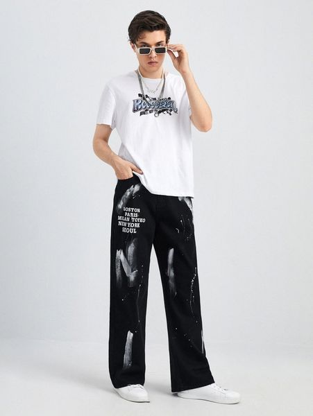 

men slant pocket slogan & brush print jeans 60nr#, Blue