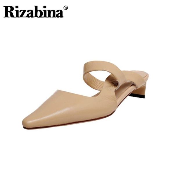 

rizabina size 33-40 real leather women sandals pointed toe thick heel slipper summer shoes woman party lady home footwear, Black