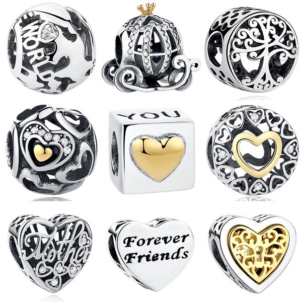 

925 sterling silver european cinderella pumpkin carriage charm gold crown beads fit original charm bracelet diy jewelry q0531, Black