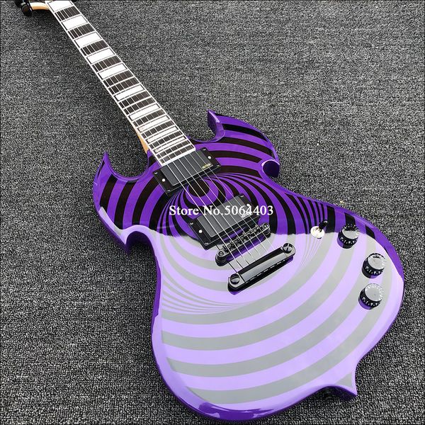 Spedizione gratuita Wylde Audio Purple Barbarian firmata da Zakk Black Bullseye SG chitarra elettrica grande blocco intarsio, hardware nero