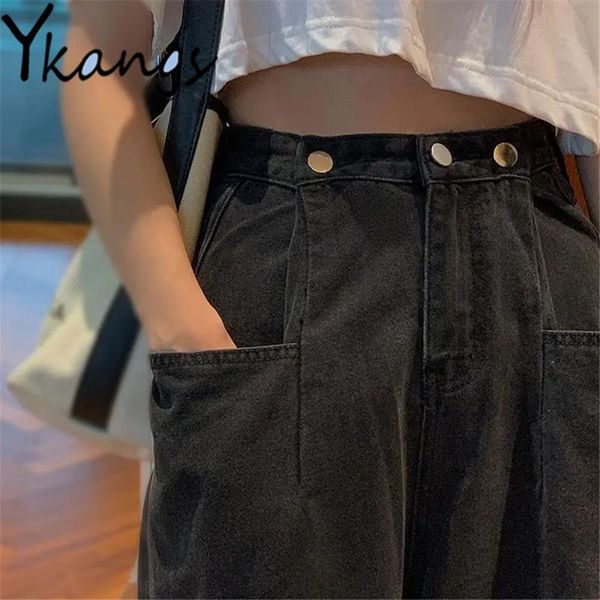 

women's jeans metal button big pockets baggy wide leg streetwear women harajuku vintage denim pants loose size black blue trousers