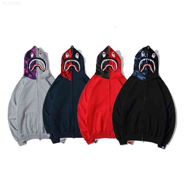

jerseys hoodies 19ss brand classic shark head embroidery camo stitching hoodie men's and women's plush zipper sweater jacket, Black