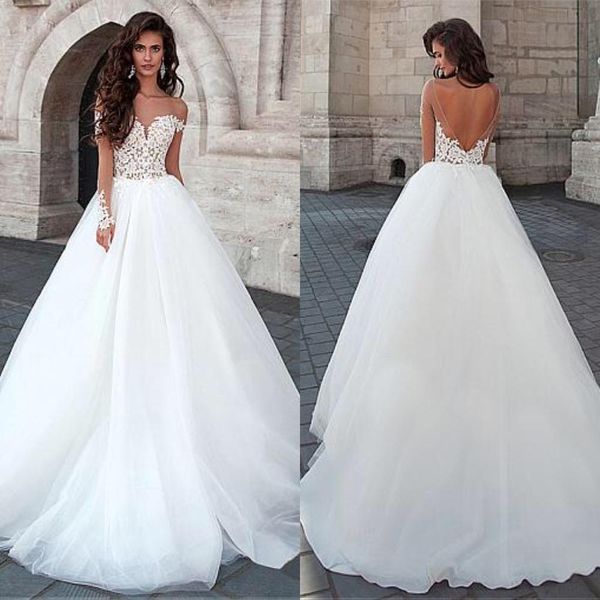 

attractive tulle bateau neckline ball gown wedding dresses with lace appliques backless bridal gowns robe de mariage, White