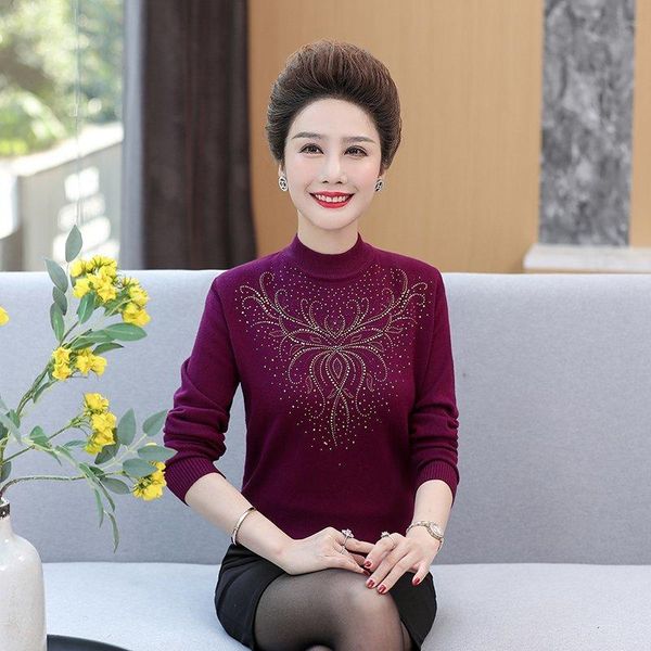 

women's sweaters autumn and winter women half high collar long sleeve pullovers solid color middle-aged good quality diamond sweater, White;black